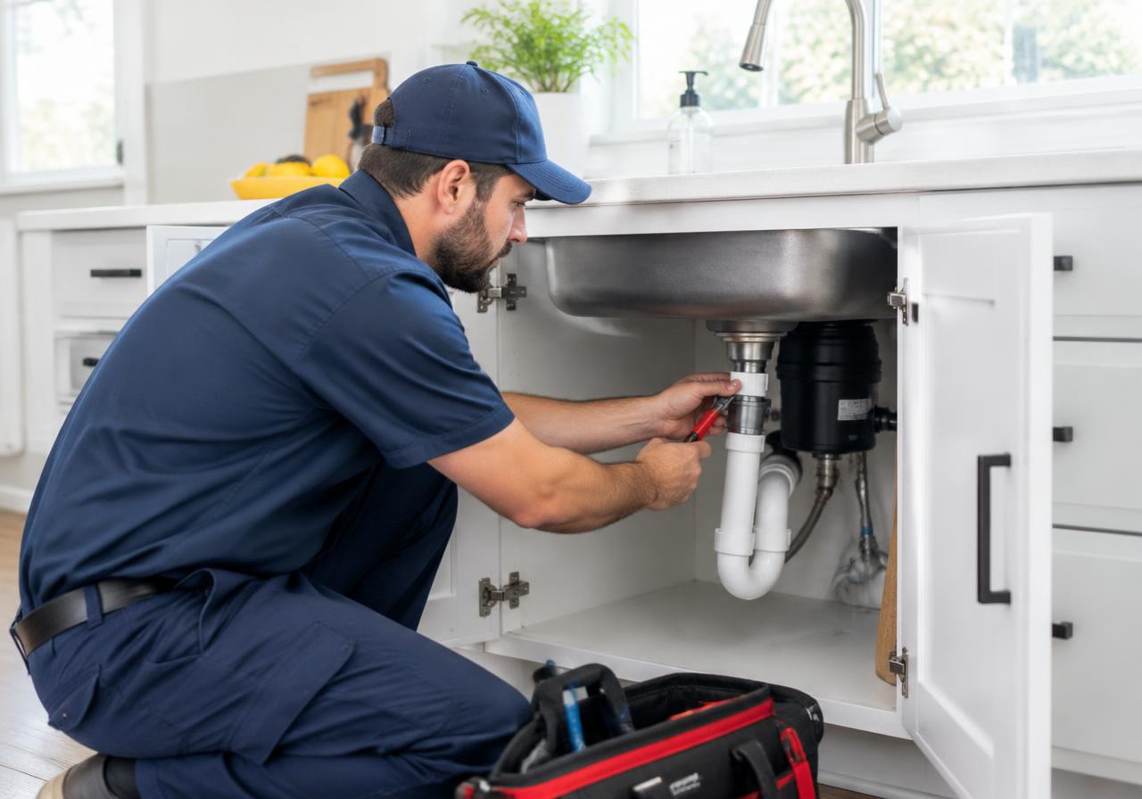 Plumber repairing pipes under a kitchen sink